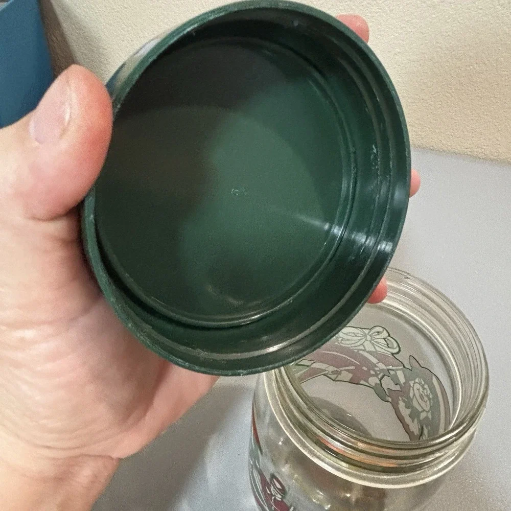 Anchor Hocking Christmas Canister Candy Jar Glass Green Lid Holiday Toys 1980's